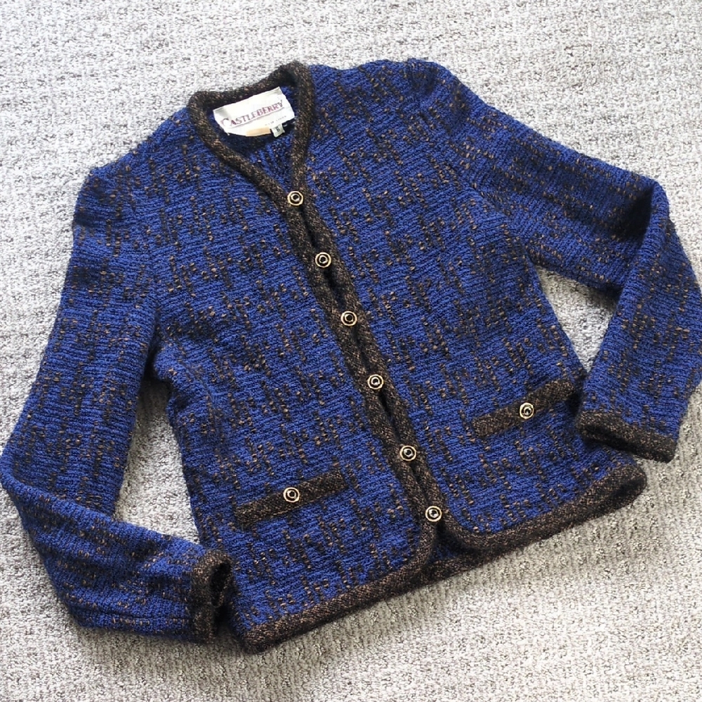 GORGEOUS VTG Castleberry Wool Blend Blue/Black Tweed Boucle Button Jacket, Sz 8